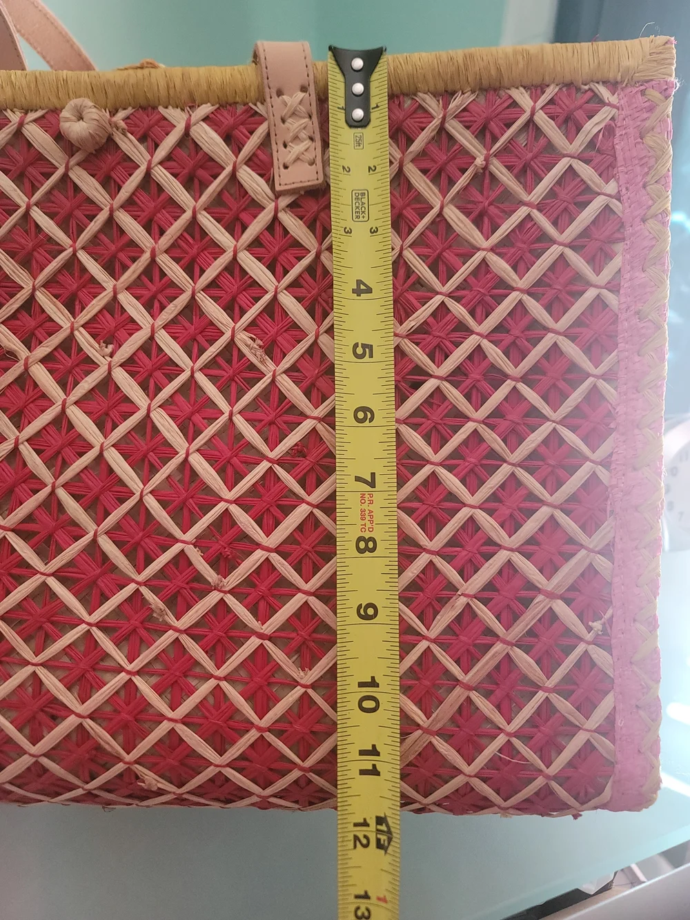 Tommy Bahama Raffia Pink Woven Tote with Yellow Trim and Tan Leather Straps